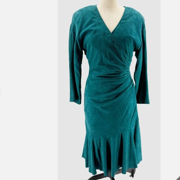 Vakko teal suede wrap front vintage 80s boho western cowgirl dress Sz 6 NWOT - Picture 10 of 10